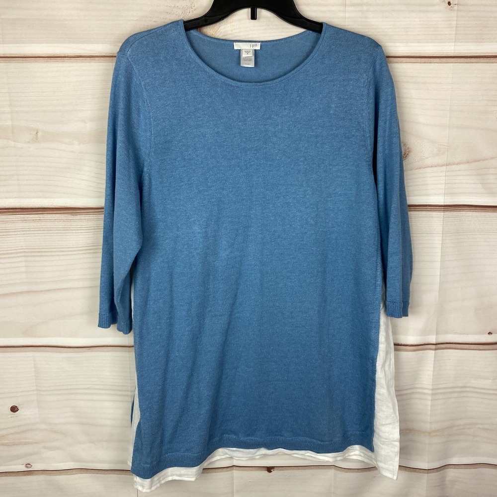J. Jill Sweater Womens Medium Linen Blend Tunic Blue 3/4 Sleeve Scoop Neck Solid